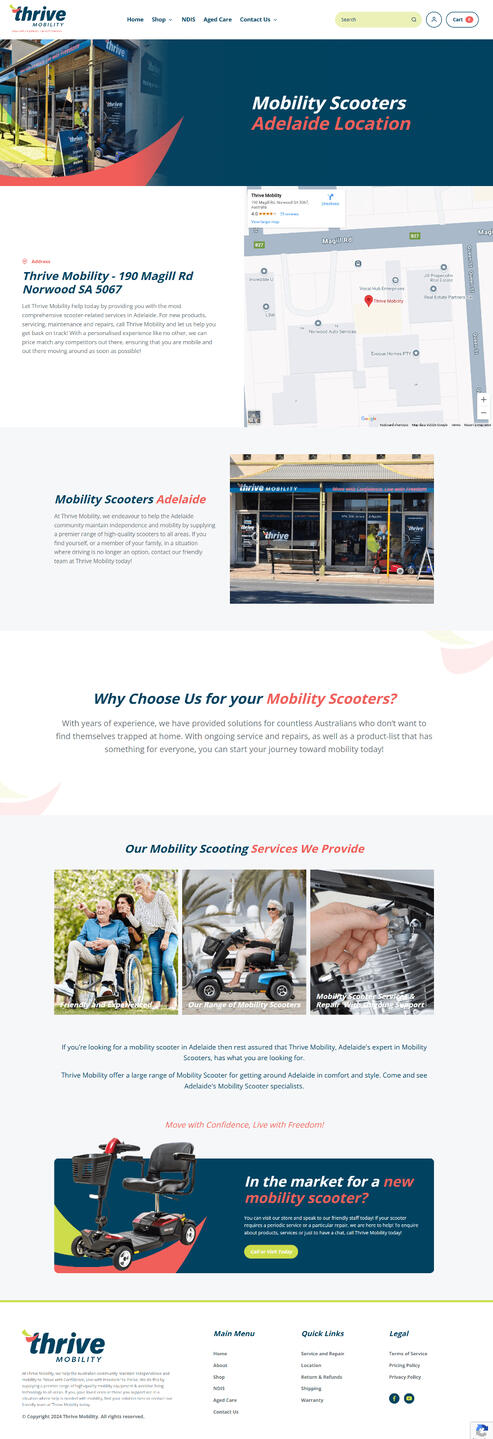 Thrive Mobility full-page display featuring a wide range of mobility scooters, including electric mobility scooters, travel mobility scooters, and used mobility scooters in Adelaide.